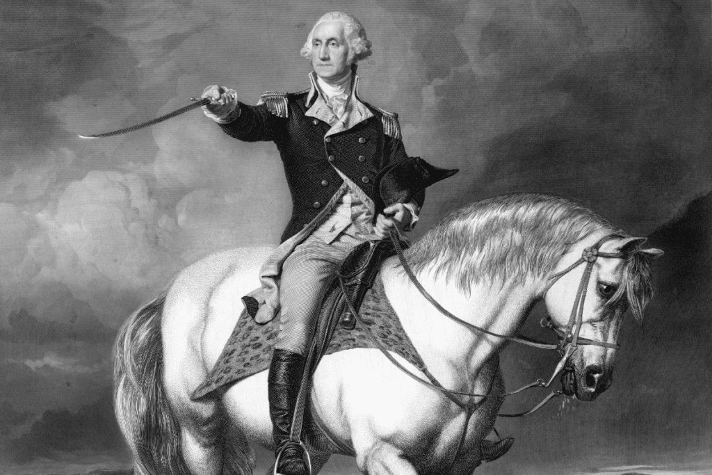 Image of George Washington on horseback saluting his troops.