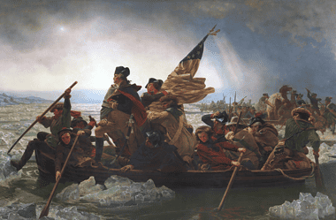 Image of the iconic 19th century painting of George Washington crossing the Delaware just prior to the Battle of Trenton.