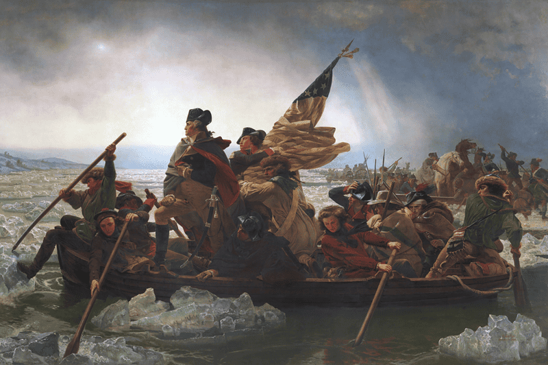 Image of the iconic 19th century painting of George Washington crossing the Delaware just prior to the Battle of Trenton.