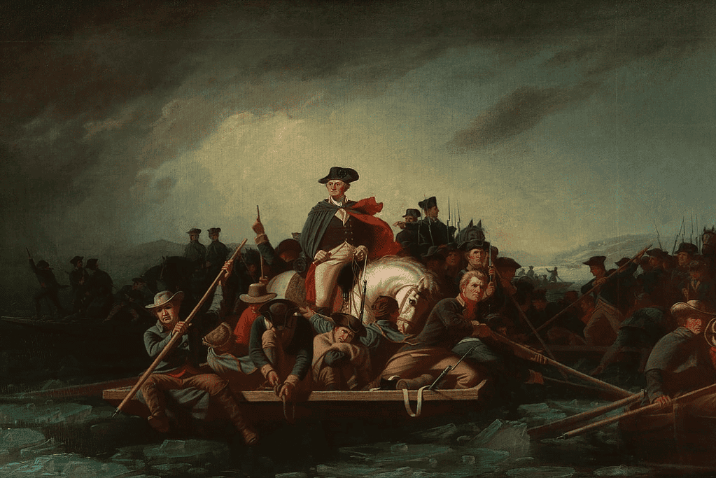 Image of an artist's rendition of George Washington crossing the Delaware with his troops in December 1776.