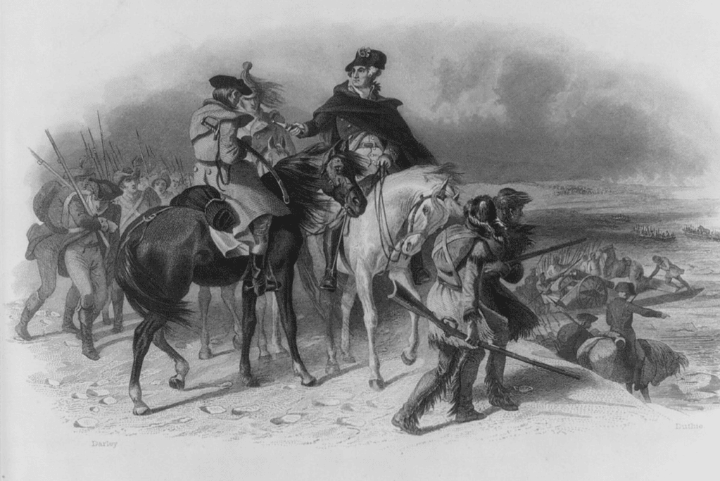 Image of a painting of George Washington preparing to cross the Delaware in December 1776.