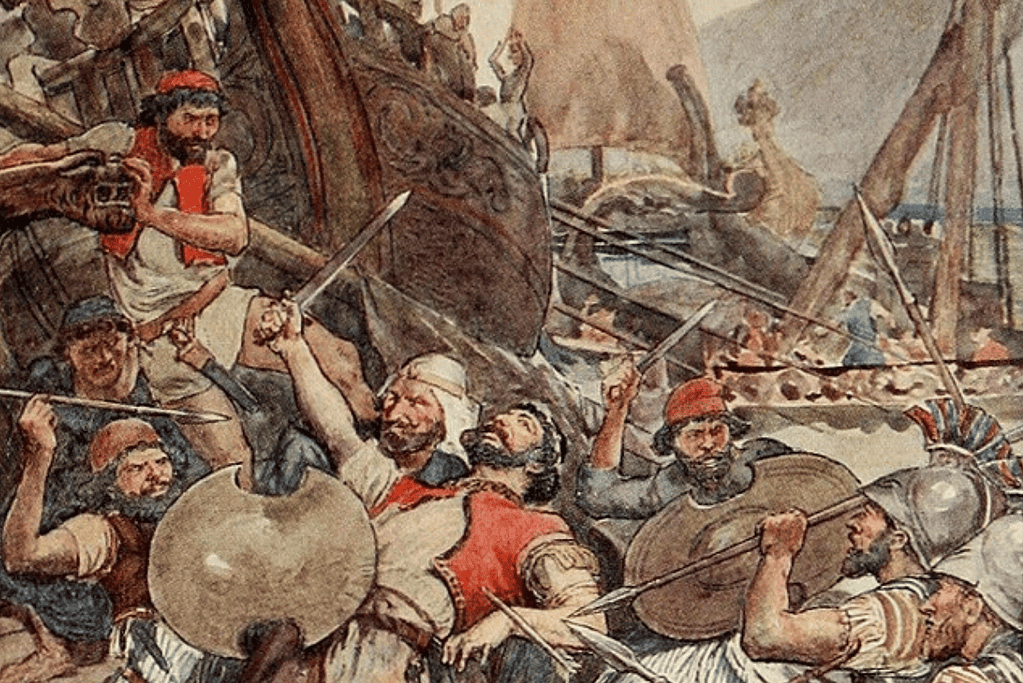 Image of an artist's depiction of the Battle of Salamis between several Greek city-states and the Achaemenid Empire, for a post covering the larges empires in history.