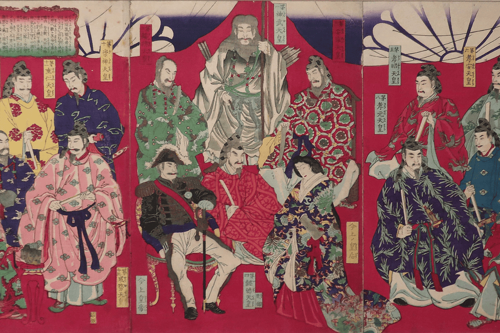 Image of a mural of Japanese emperors throughout history for a blog post providing a list of Japanese emperors.
