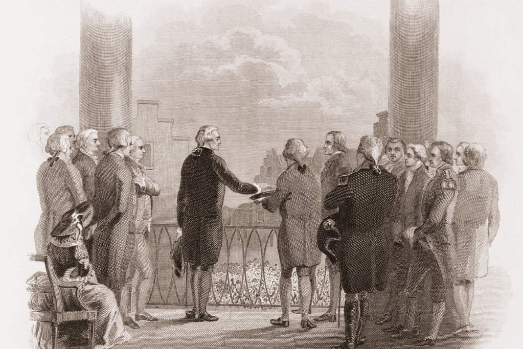 Image of an artists rendition of George Washington being sworn in at his inauguration for a post providing a list of U.S. Presidents and party affiliated with.