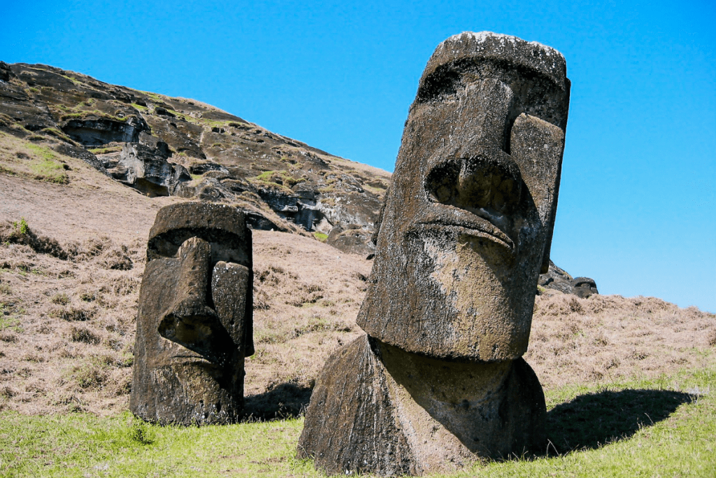 Image of the iconic statues of Easter Island for an article listing history's most famous artifacts worldwide.