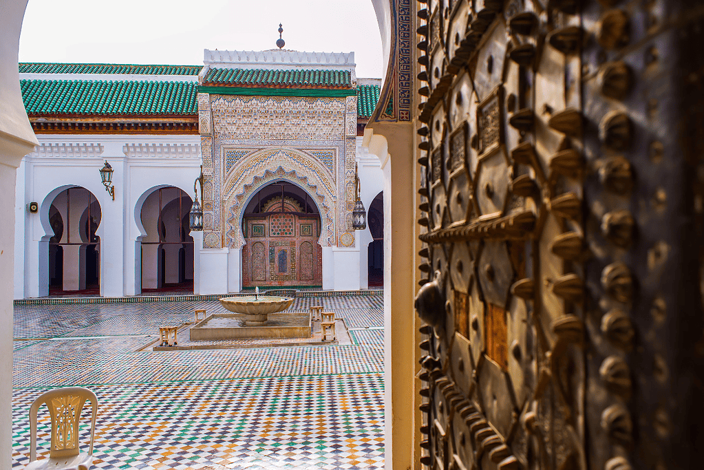 Image of a door leading to a courtyard at University of Al-Qarawiyyin in Fez, Morocco