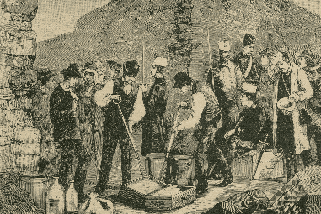 Image of French officials disinfecting luggage during a cholera outbreak.