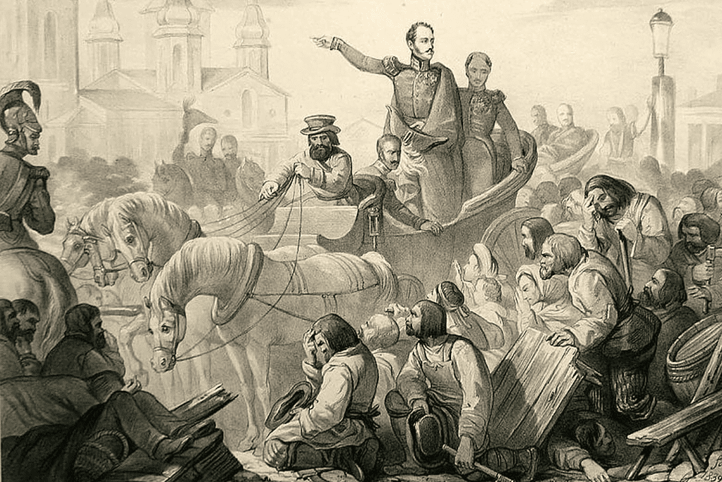 Image of an artist's rendition of Tsar Nichola I speaking to citizens during a cholera riot in St. Petersburg, Russia.