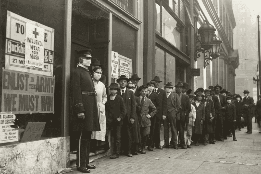 Image of San Francisco residents lined up during the Spanish Flu epidemic for a blog post covering pandemics throughout history.