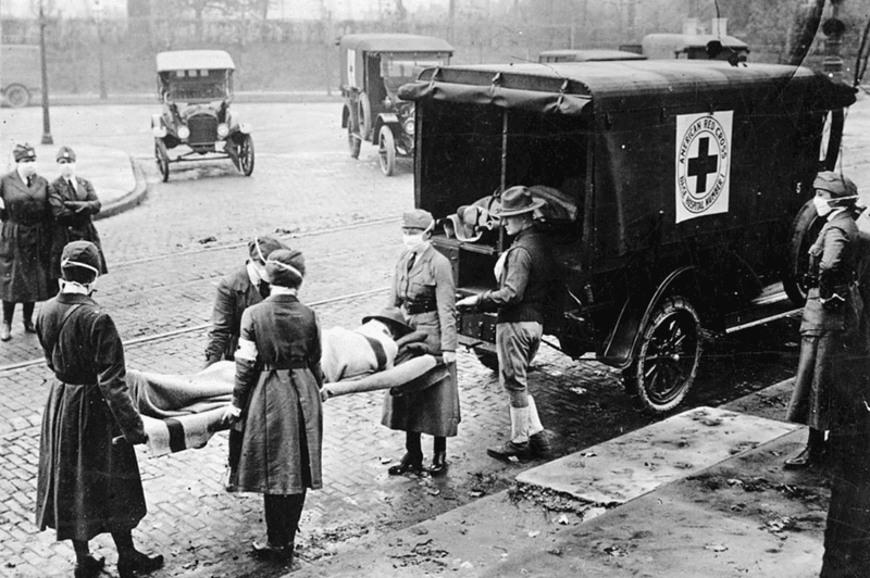 Image of nurses loading a patient into an ambulance during the Spanish Flu epidemic for a blog post covering pandemics throughout history.
