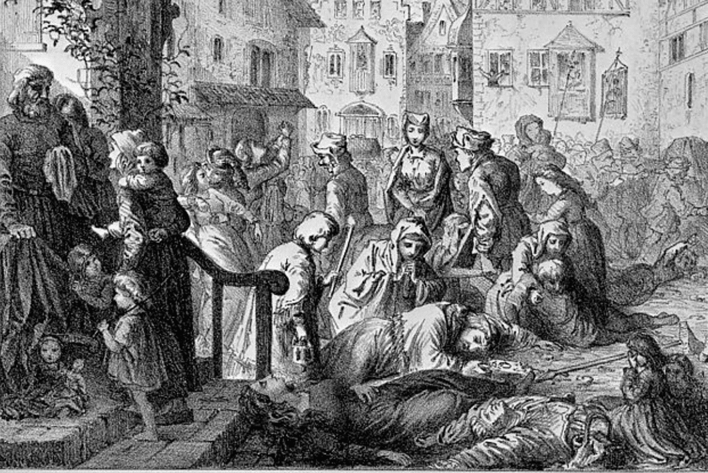 Image of a painting depicting the black plague in 1328 Switzerland.