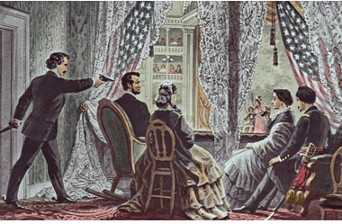 Image of an artist's rendition of the assassination of Abraham Lincoln for a blog post covering a list of US Presidents who died in office.