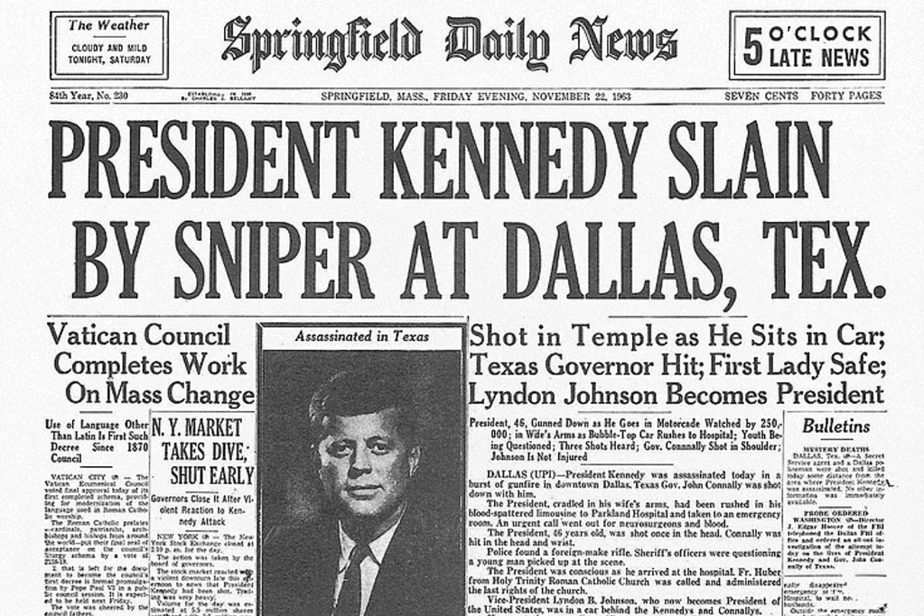 Image of a newspaper headline about the assassination of John F. Kennedy for an article about the list of U.S. Presidents who died in office.