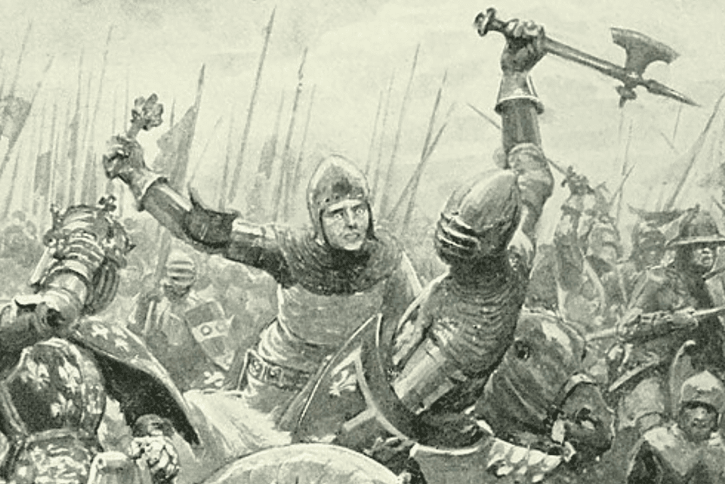 Image of English and French knights in battle at Agincourt.