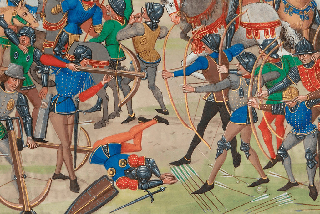 Image of English and French bowman in battle for a blog post covering major 100 Years War battles.