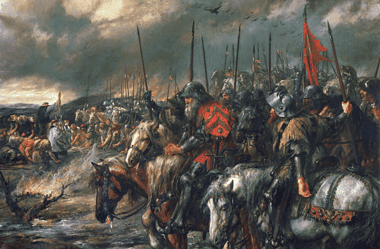 Image of English troops ready for battle prior one of the most famous 100 Years War battles, the Battle of Agincourt.