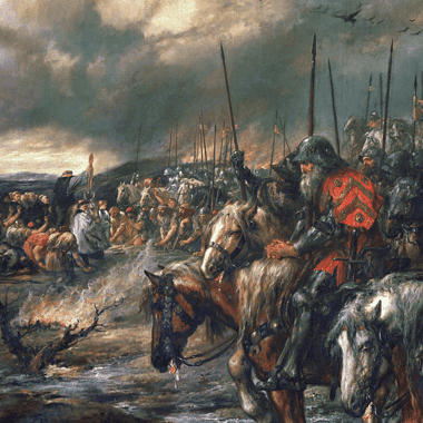 Image of English troops ready for battle prior one of the most famous 100 Years War battles, the Battle of Agincourt.