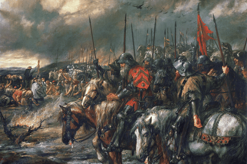 Image of English troops ready for battle prior one of the most famous 100 Years War battles, the Battle of Agincourt.