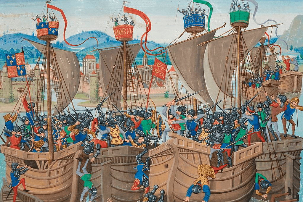 Image of a medieval artist's rendition of the Battle of Sluys.