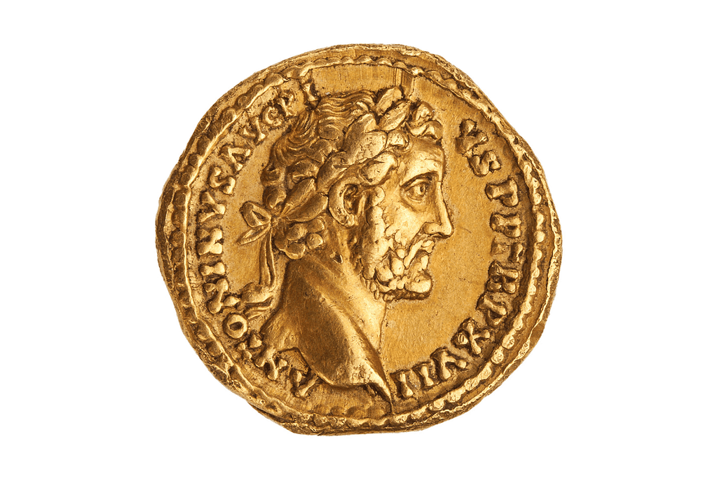Image of a gold aureus of Antonius Pius for a blog post covering the 5 good emperors of Rome