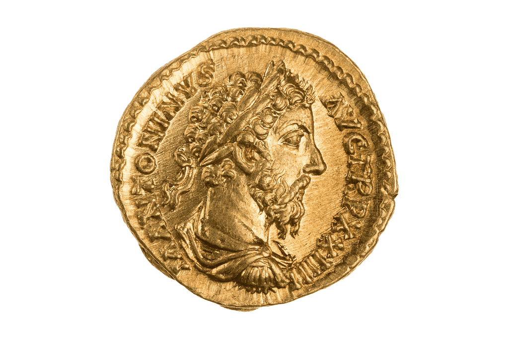 Image of a gold aureus of Emperor Marcus Aurelius.