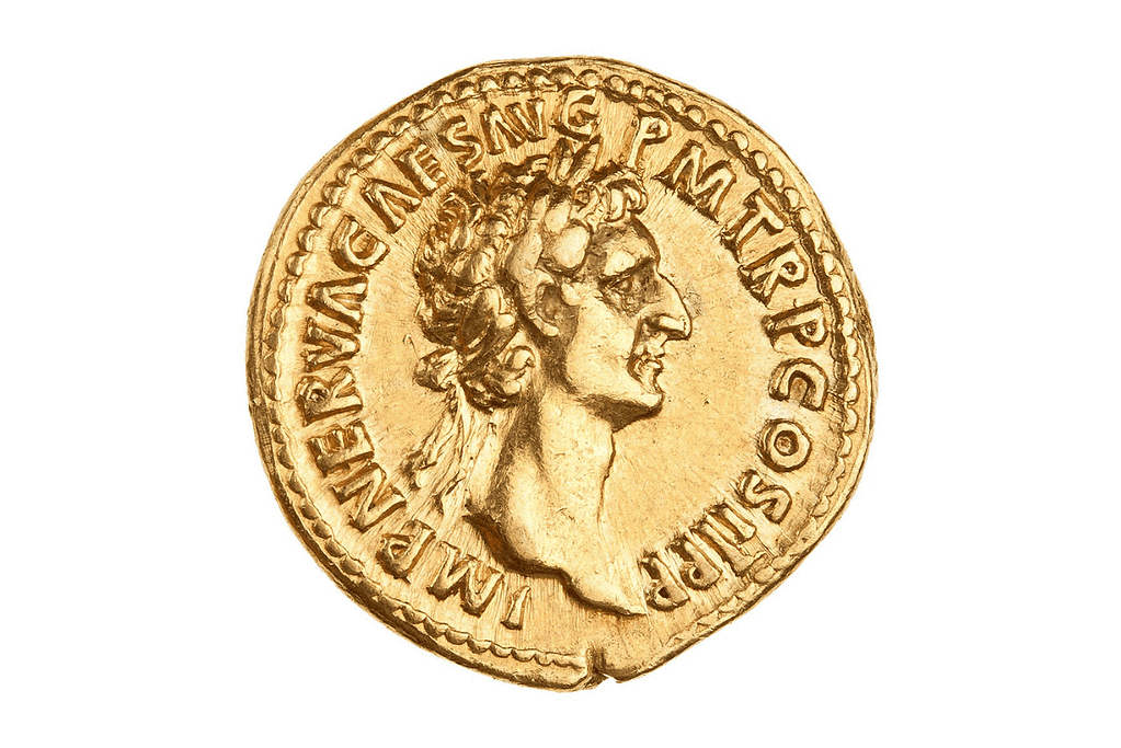 Image of Emperor Nerva depicted on a gold aureus for a blog post covering the 5 good emperors of Rome.