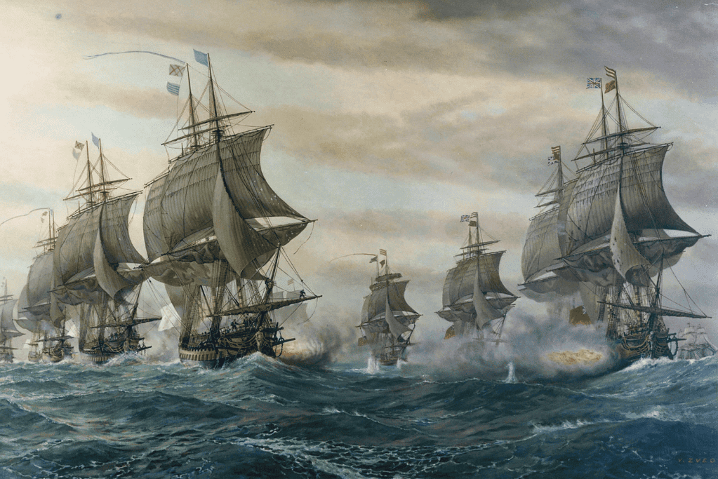 Image of a painting of the French Navy engaging the Royal Navy during the Battle of the Chesapeake during the American Revolutionary War.