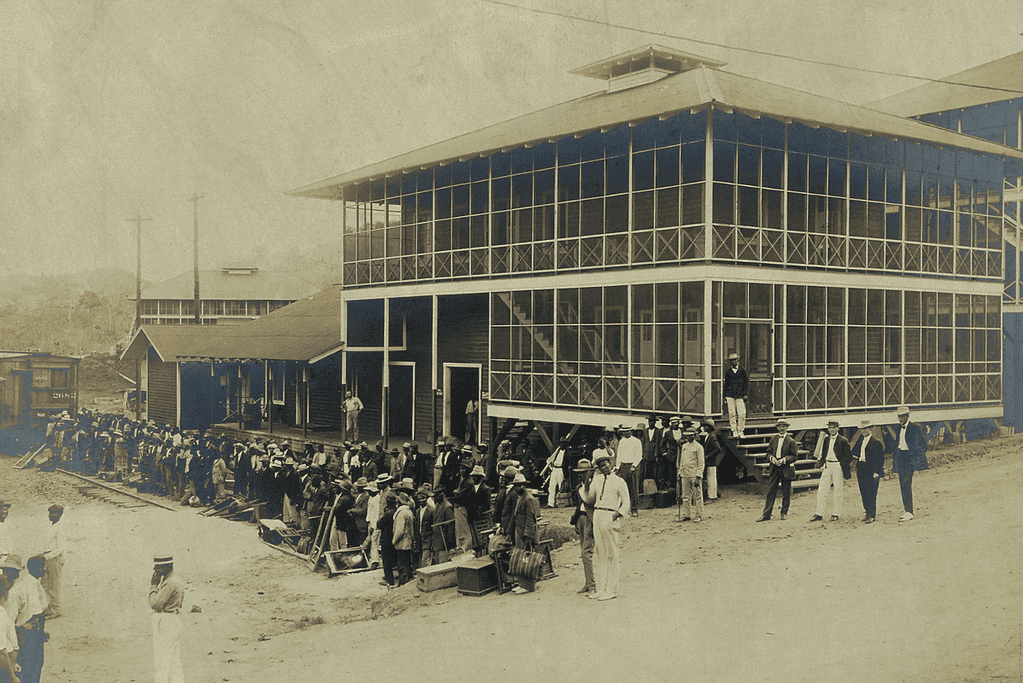 Image of recently arrived international workers at an early phase of the Panama Canal project.