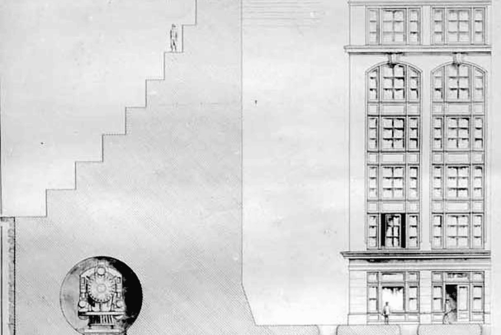 Image of an architectect's drawing of the canal's locks for comparison to an average apartment building at the time.