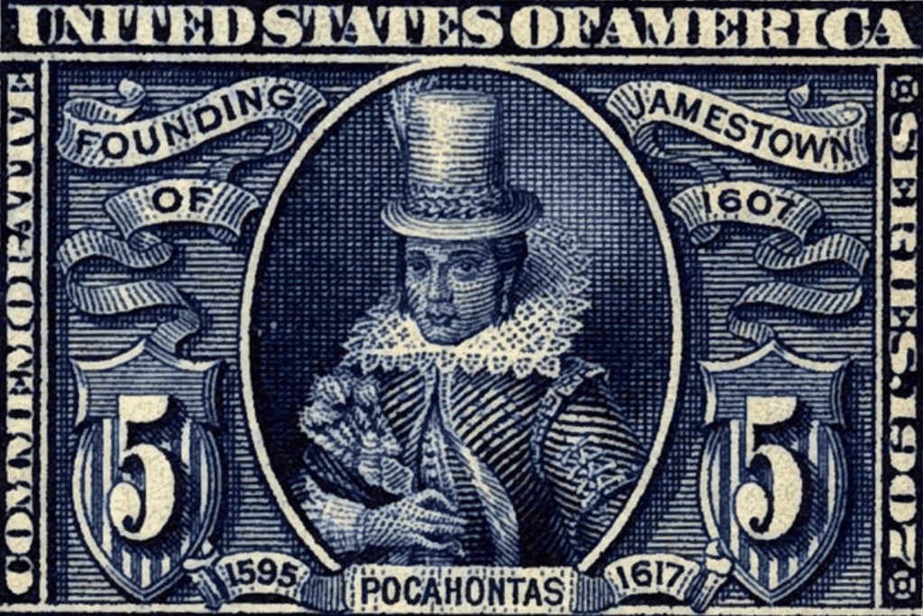 Image of a U.S. Postal Service stamp commemorating Pocahontas' life