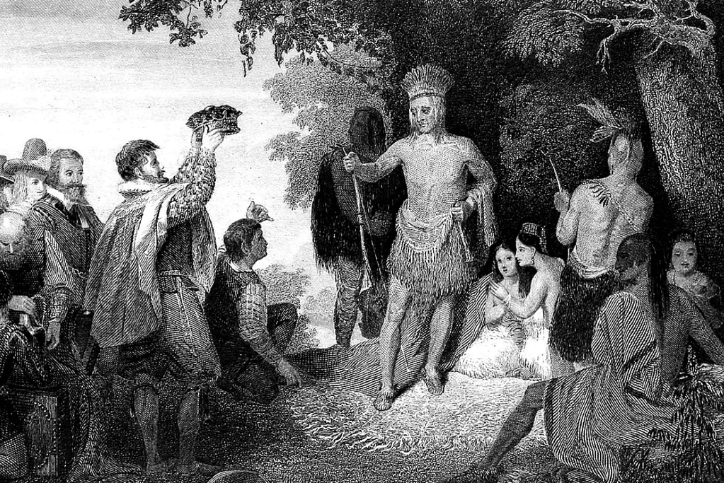 Image of Chief Powhatan, Pocahontas' father preparing to be crowned by John Smith.