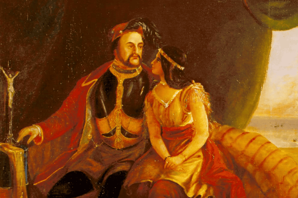 Image of Pocahontas with John Rolfe seated inside a tent.