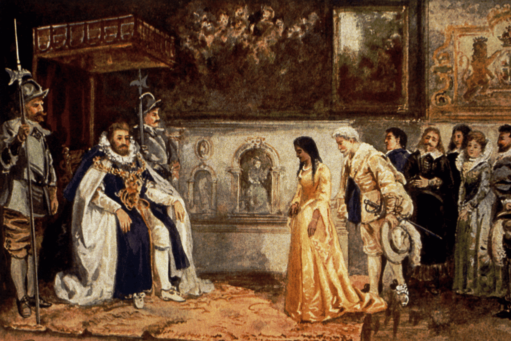 Image of Pocahontas meeting King James I of England for a blog post covering interesting facts about Pocahontas.