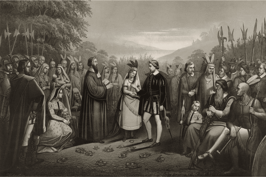 Image of the marriage of Pocahontas and John Rolfe for a blog post covering intriguing facts about Pocahontas