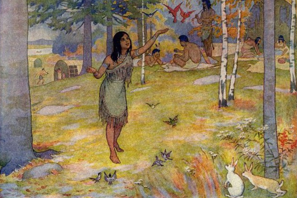 Image of artwork depicting Pocahontas feeding birds