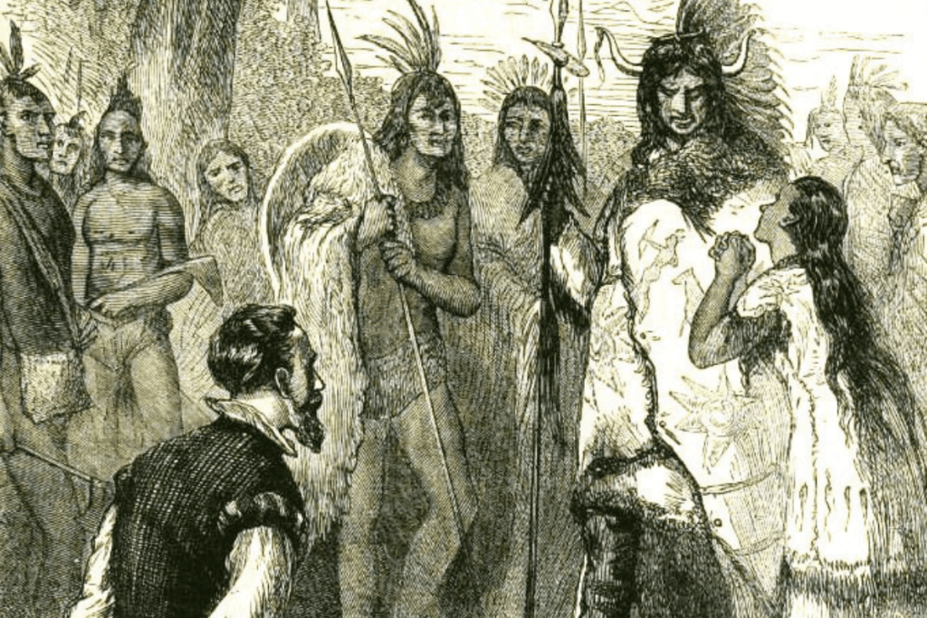 Image of Pocahontas pleading with her father Chief Powhatan to spare John Smith's life