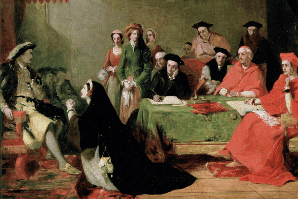 Image of a painting of the trial of Catherine of Aragon for a blog post covering the six wives of Henry VIII.