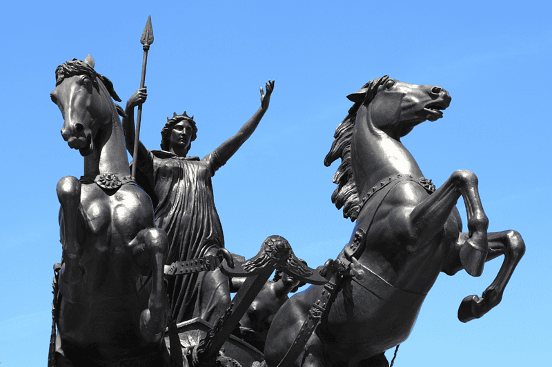 Image of a statue pf Boudica in London, England for a blog post covering intriguing facts about Boudica.