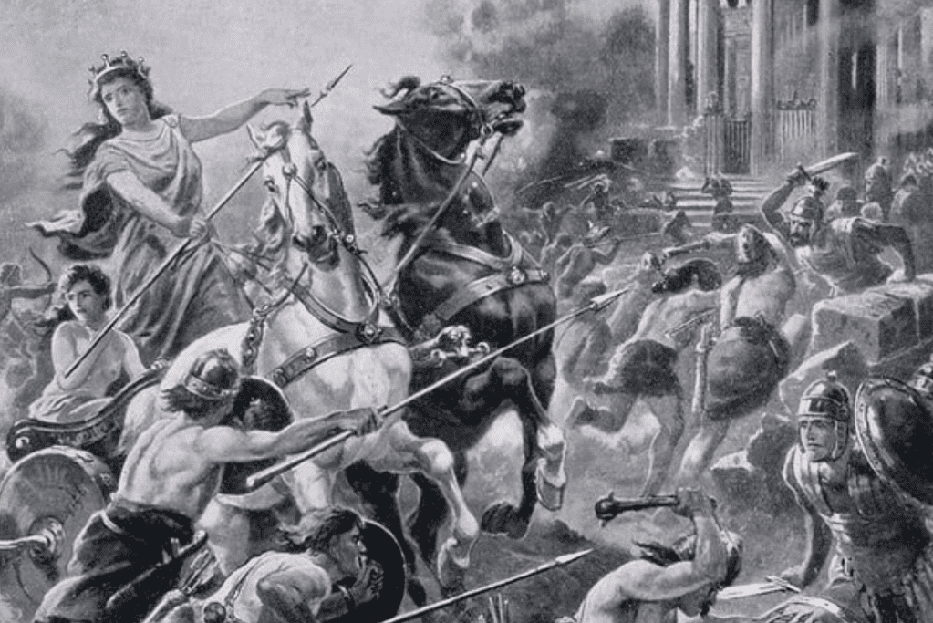 facts-about-boudica-main-1 Image of a depiction of Queen Boudica and her troops battling the Romans for a blog post covering interesting facts about Boudica.