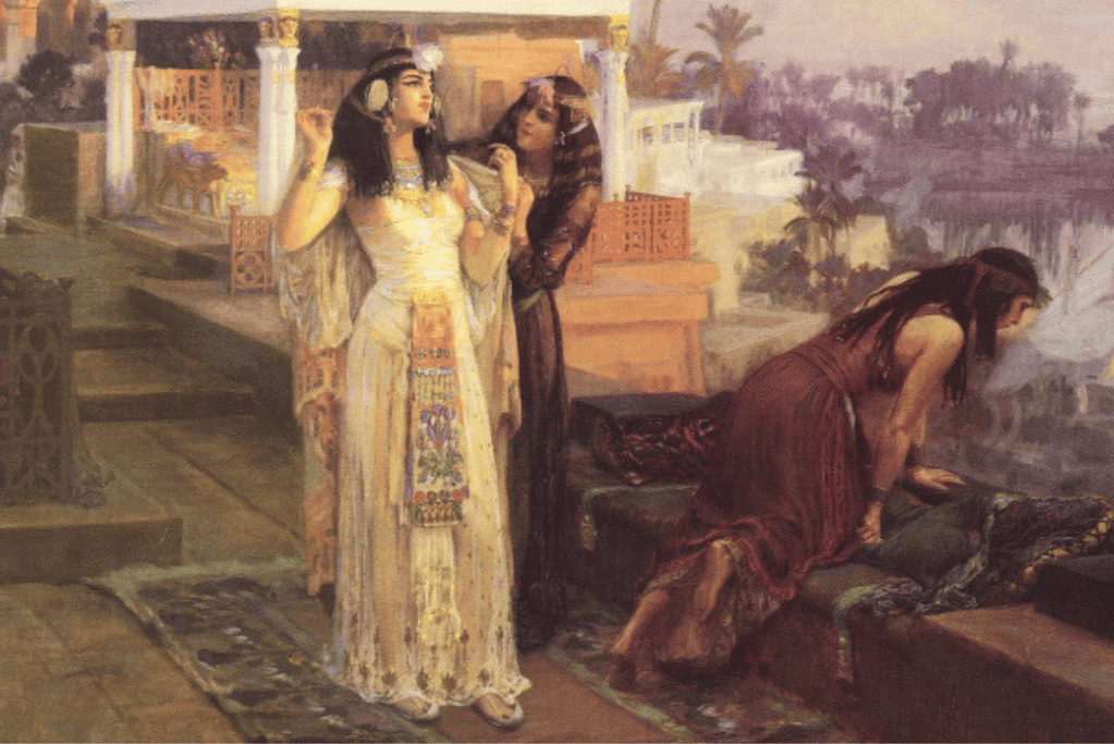 Image of an image of Cleopatra and her handmaidens by the Nile River for a blog post covering interesting facts about Cleopatra.