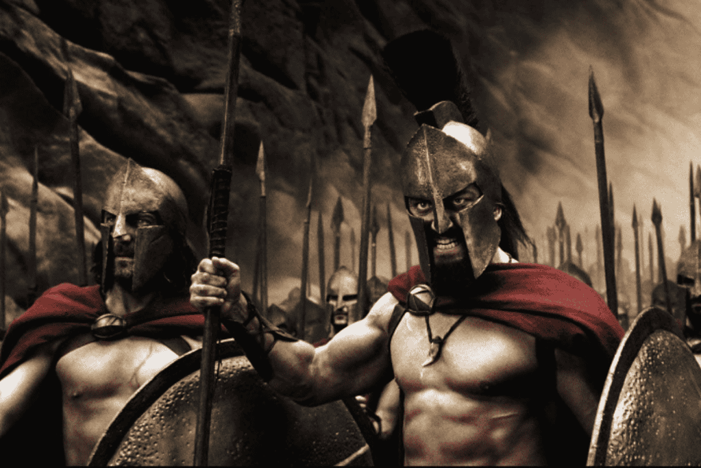 Image of a screen grab from the movie 300, about the Battle of Thermopylae.