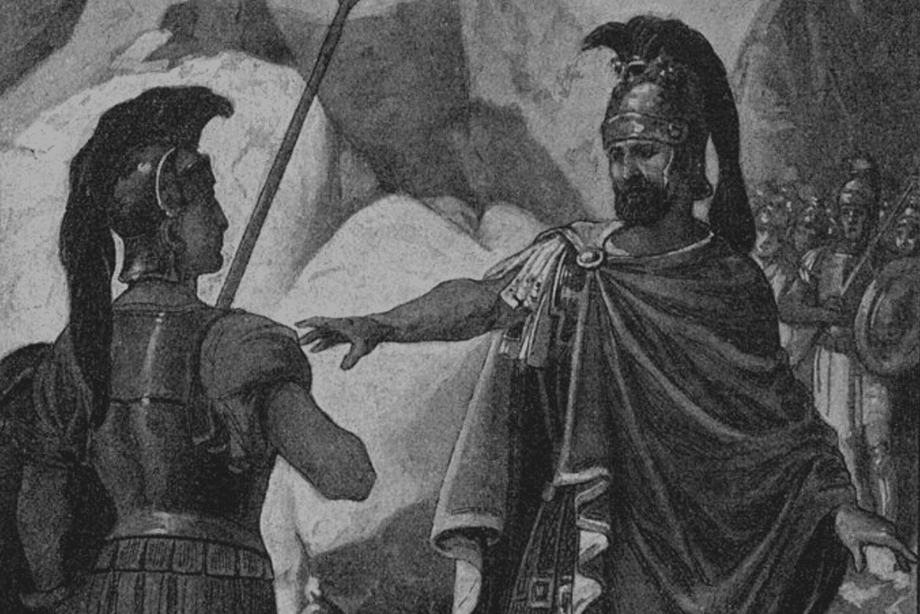 Image of an artist's rendition of King Leonidis addressing a messenger at the Battle of Thermopylae.