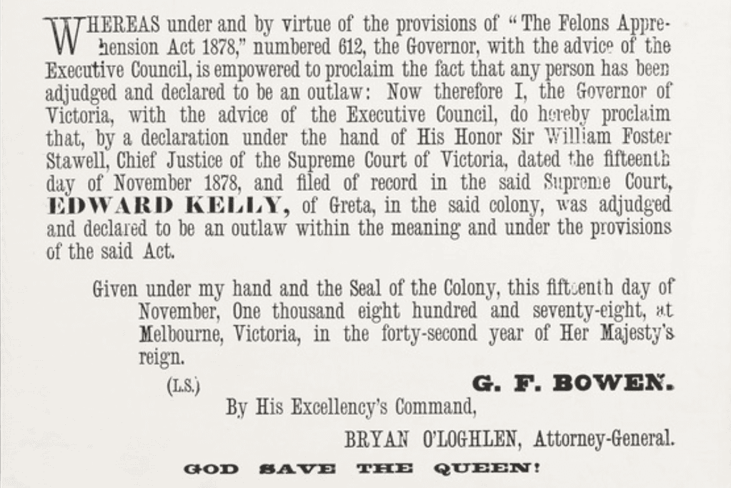 Image of a document that declared Ned Kelly an outlaw.
