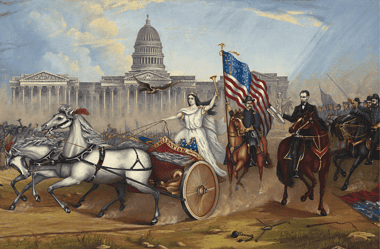 Image of a painting of Abraham Lincoln on horseback in front of the U.S. Capitol after signing the Emancipation Proclamation.