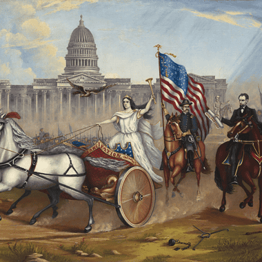 Image of a painting of Abraham Lincoln on horseback in front of the U.S. Capitol after signing the Emancipation Proclamation.