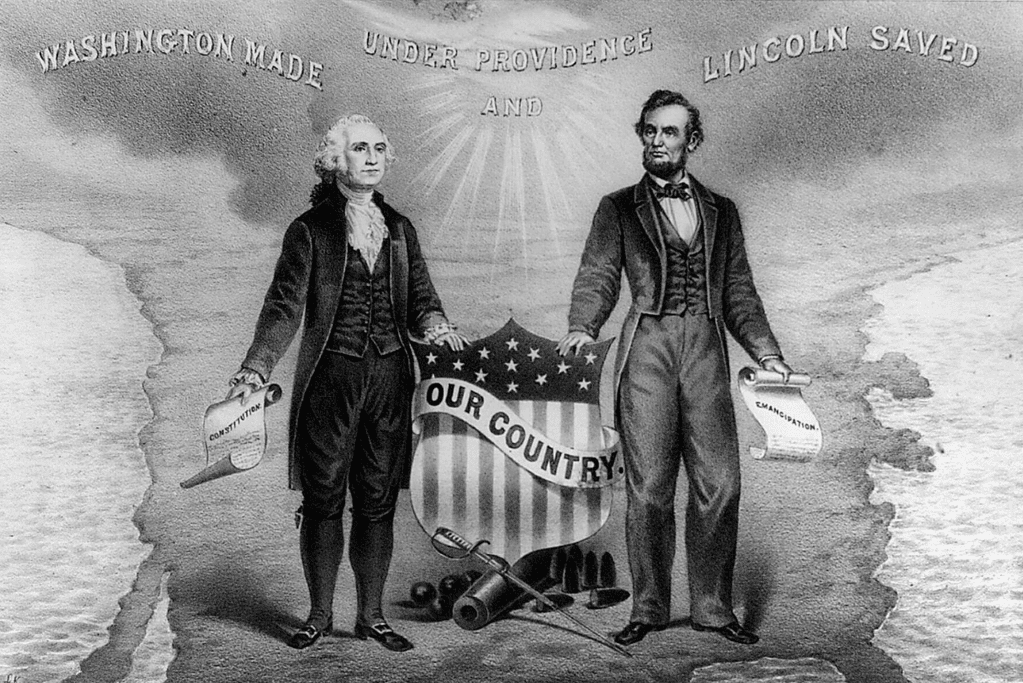 Image of artwork depicting George Washington and the U.S. Constitution and Abraham Lincoln and the Emancipation Proclamation.