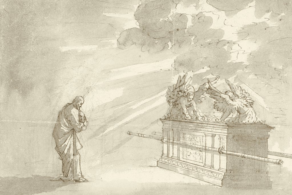 Image of Moses standing before the Ark of the Covenant.