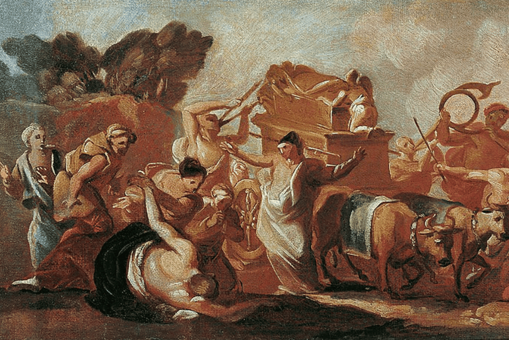 Image of Uzzah falling to the ground after touching the Ark.