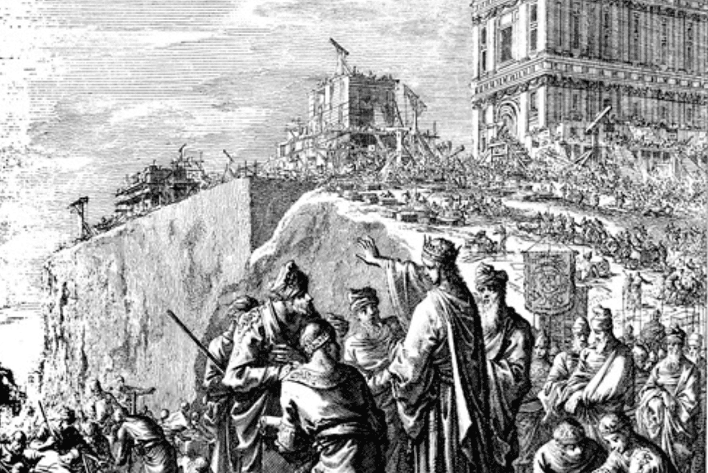 Image of King Solomon overseeing the construction of the temple where the Holy of Holies would reside.