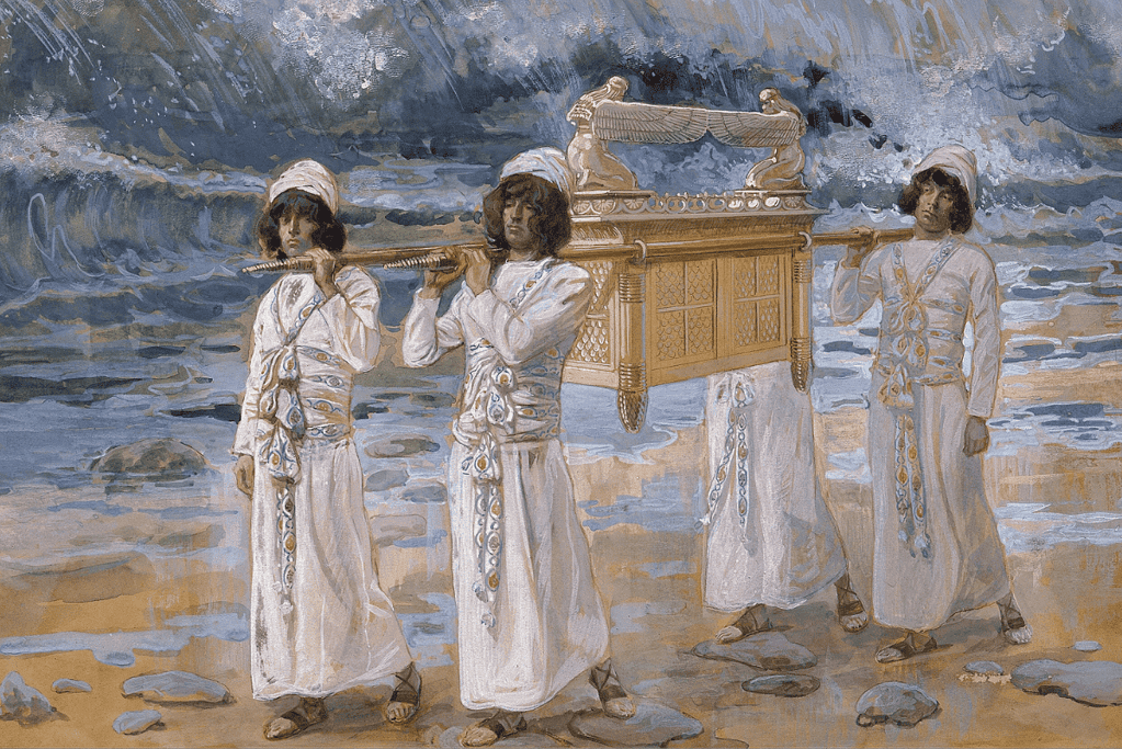 Image of four men carrying the Ark of the Covenant by the Jordan River.